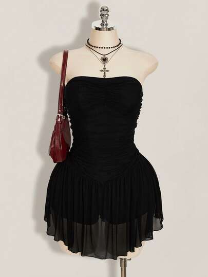 SHEIN ICON Women's Plus Size Retro Sexy Fashion Individual Simple Elegant Casual Commuter Millennial Style Y2K Black Strapless Mesh Dress With Gathered Chest