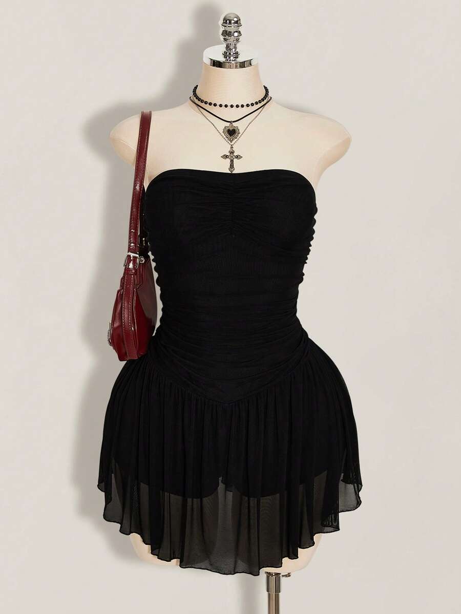 SHEIN ICON 大码女式黑色网纱连衣裙 - 黑色 - 查看 1