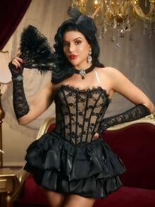 PinupPomp 1pc Women Lace Bustier Crop Top, Fashionable Outerwear - Black - View 2