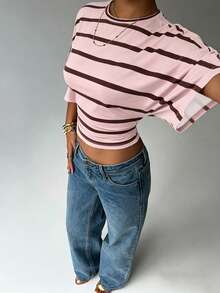 Muchica Plus Size Women Striped Casual Waist Cinched T-Shirt - White - View 7