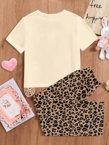 Tween Girls 2pcs White Summer Cute Home Wear Sleep Set,Leopard Bow Animal Rabbit & Bear Print Short Sleeve T-Shirt & Shorts,Comfy Casual Girly Style - Multicolor - View 2