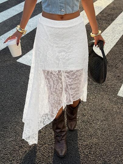 Muchica Women's Casual White Lace Asymmetric Hem Skirt,Summer Outfit For Women,Going Out,Featival Outfits