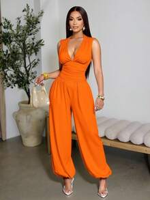 SOLERSUN Women's Elegant Deep V-Neck Sleeveless Ruched Waist Lantern Loose Jumpsuit - Orange - View 1
