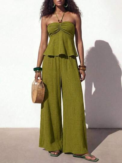 Zivah Nuevo conjunto de dos piezas de verano casual de vacaciones, estilo bohemio, de lino, con chaleco holgado de cuello halter con adornos de cuentas de madera + pantalón de pierna ancha, adecuado para uso diario, viajes, estilo nómada, playa, citas, compras, tardes de té, fiestas