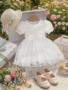 Souflis Souflis 女嬰白色夏季優雅婚紗禮服，奢華可愛柔軟雪紡網紗面料，圓領鬆腰蝴蝶結裝飾喇叭裙，適合派對 - 白色 - 查看 9