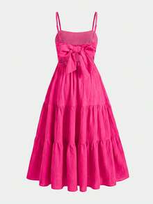 SHEIN Tween Girl Vacation Leisure Solid Color Ruffle Hem Back Bowknot Dress, Rose Red, For Spring/Summer Holiday Outfits - Hot Pink - View 2
