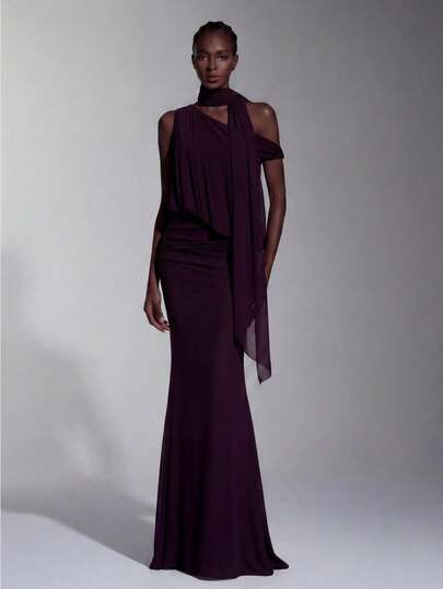 Elitara Elegante, romántico y de moda vestido de fiesta de tela de malla elástica de color morado profundo con pliegues, decoración de dobladillo de sirena de gran elasticidad, vestido elegante para fiestas, vestido de invitada de boda, vestido morado, vestido de dama de honor elegante y gracioso