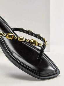 SHUZIA Women's Square Toe Cushioned Insole Gold Geometric Bead Fine PU Black Toe Post Flat Slides – Sleek, Minimal & Everyday Chic - Black - View 7