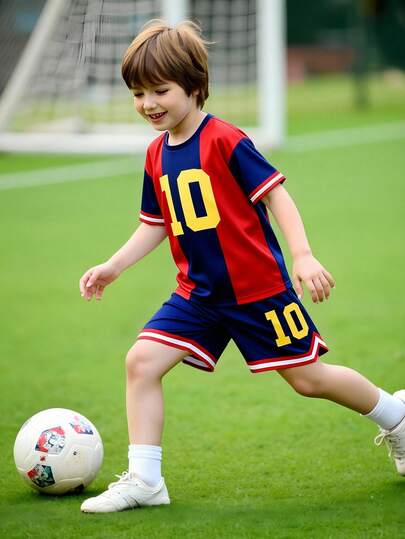 Bộ 2 món áo thun ngắn tay và quần short cho bé trai mùa xuân/hè, màu đỏ và xanh dương với họa tiết số và hình ảnh thể thao, bộ đồ thể thao phong cách đường phố năng động, mềm mại và thoải mái cho mùa hè.