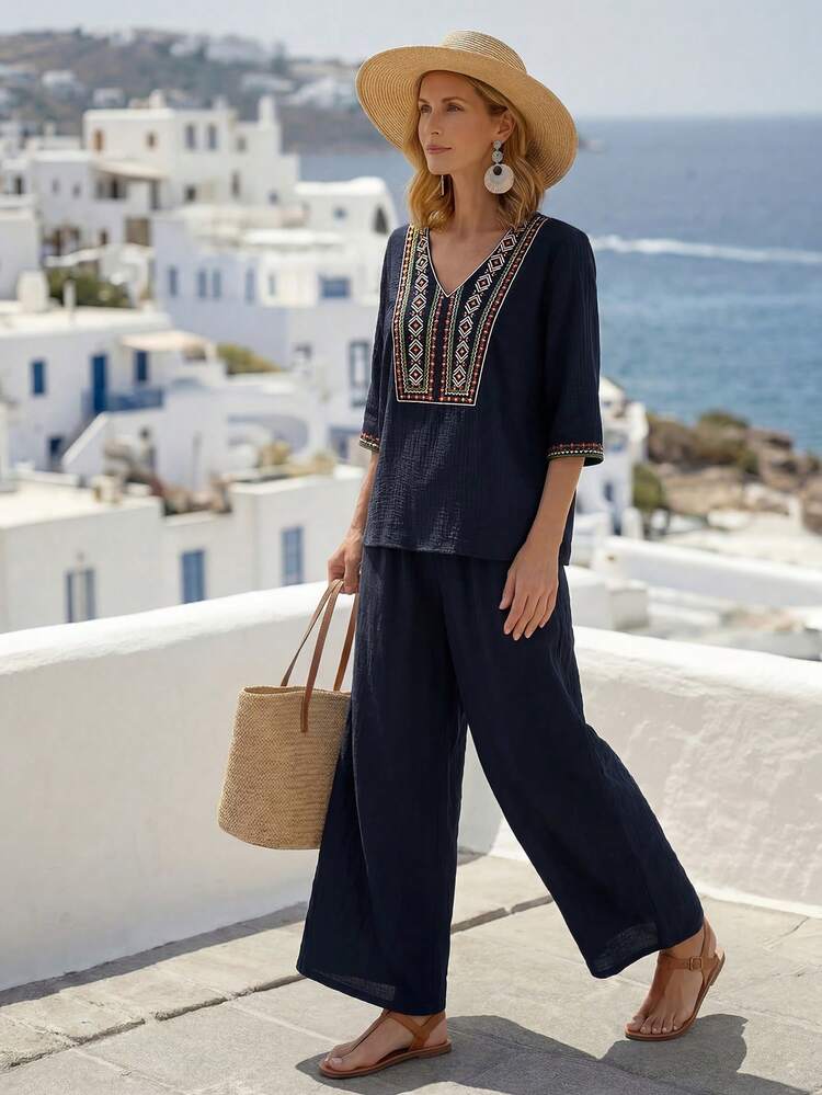 Women V-Neck Elbow Sleeve Top And Pants Casual 2 Pieces Set Summer Outfits For Women Casual Sets For Women Vacation Outfits Women Holiday Outfits For Women Summer Holiday Outfits Country Style For Women Two Piece Set Women Summer Two Piece Set 2-Piece Going Out Sets For Women Matching Sets For Women Women's Blouse Set