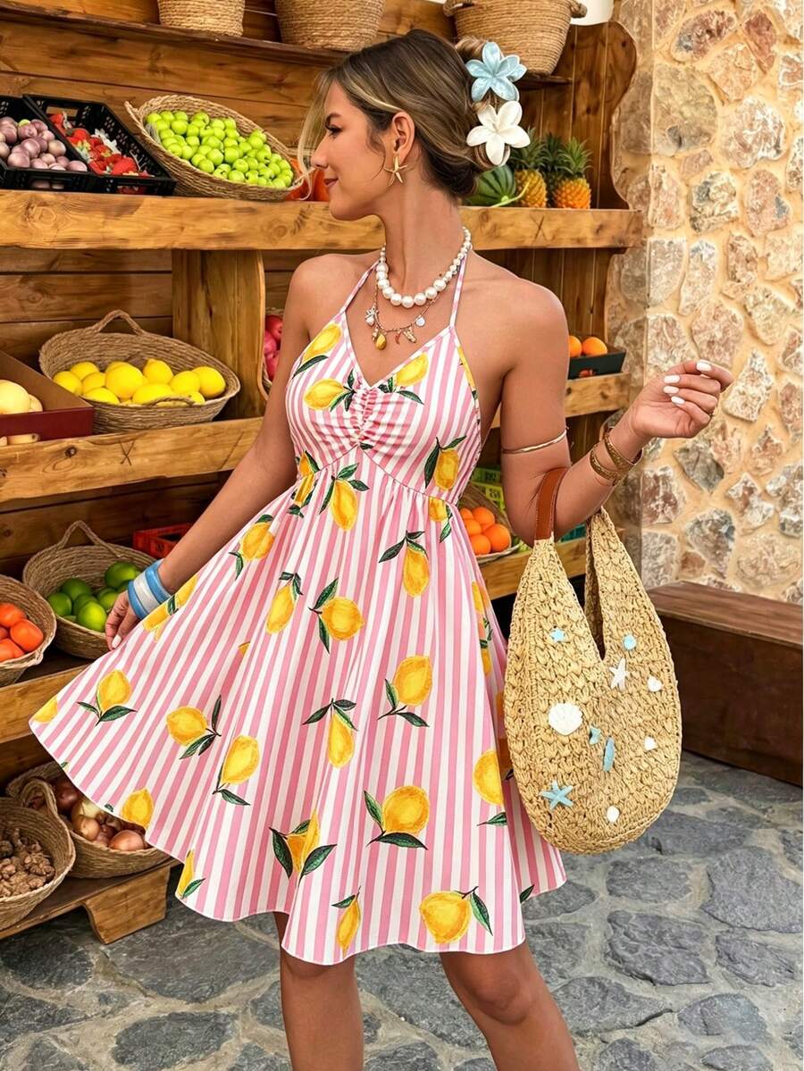 Selianne New Arrival Woven Printed Sleeveless Halter Backless Design Vacation Style Young Ladies Short Dress - Multicolor - View 1