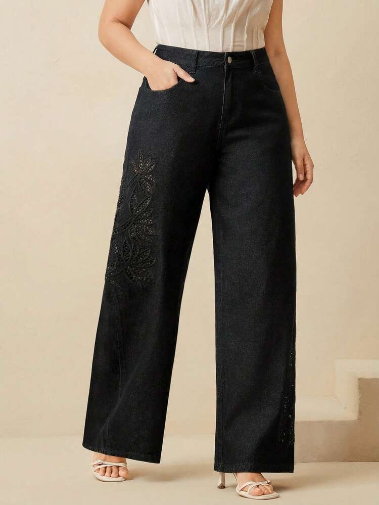 Women's New Delicate Hollow Embroidered Mother's Day Black Straight Jeans
