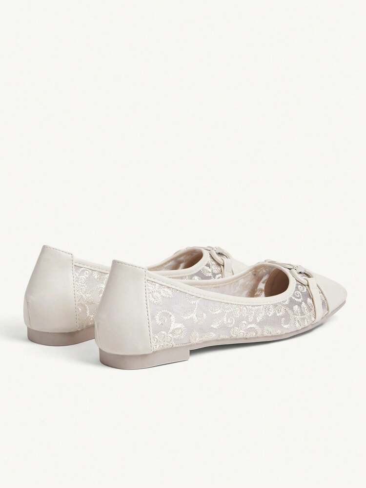 CUCCOO CHICEST Square Toe Loafers, Soft Sole Mesh Patchwork Buckle Strap, Fashionable Elegant Versatile Comfortable Slip-On Flat Shoes, Beige