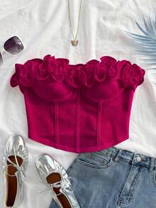 Soleia 浪漫性感无肩带荷叶边修身衬衫，适合度假、约会之夜、情人节、下午茶等场合 - 玫紅色 - 查看 8