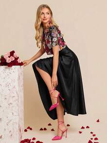 Amorya Bộ đồ 2 món dành cho nữ, mùa xuân/hè, thanh lịch, cao cấp gồm áo và chân váy chữ A thêu họa tiết. - màu đen - Xem 6