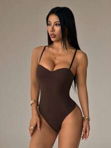 SHEIN PETITE Áo liền thân hai dây gợi cảm màu trơn dành cho nữ - màu nâu - Xem 4
