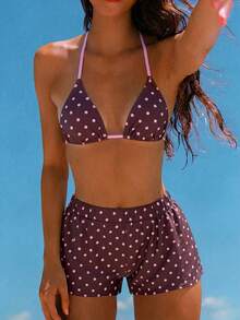 Swim Mod Conjunto de 3 piezas de bikini con textura de tela a rayas azul y blanco con tirantes finos y cuello halter para vacaciones, conjunto de 2 piezas de traje de baño a lunares morado, conjunto de bikini a lunares - Multicolor - Ver 1