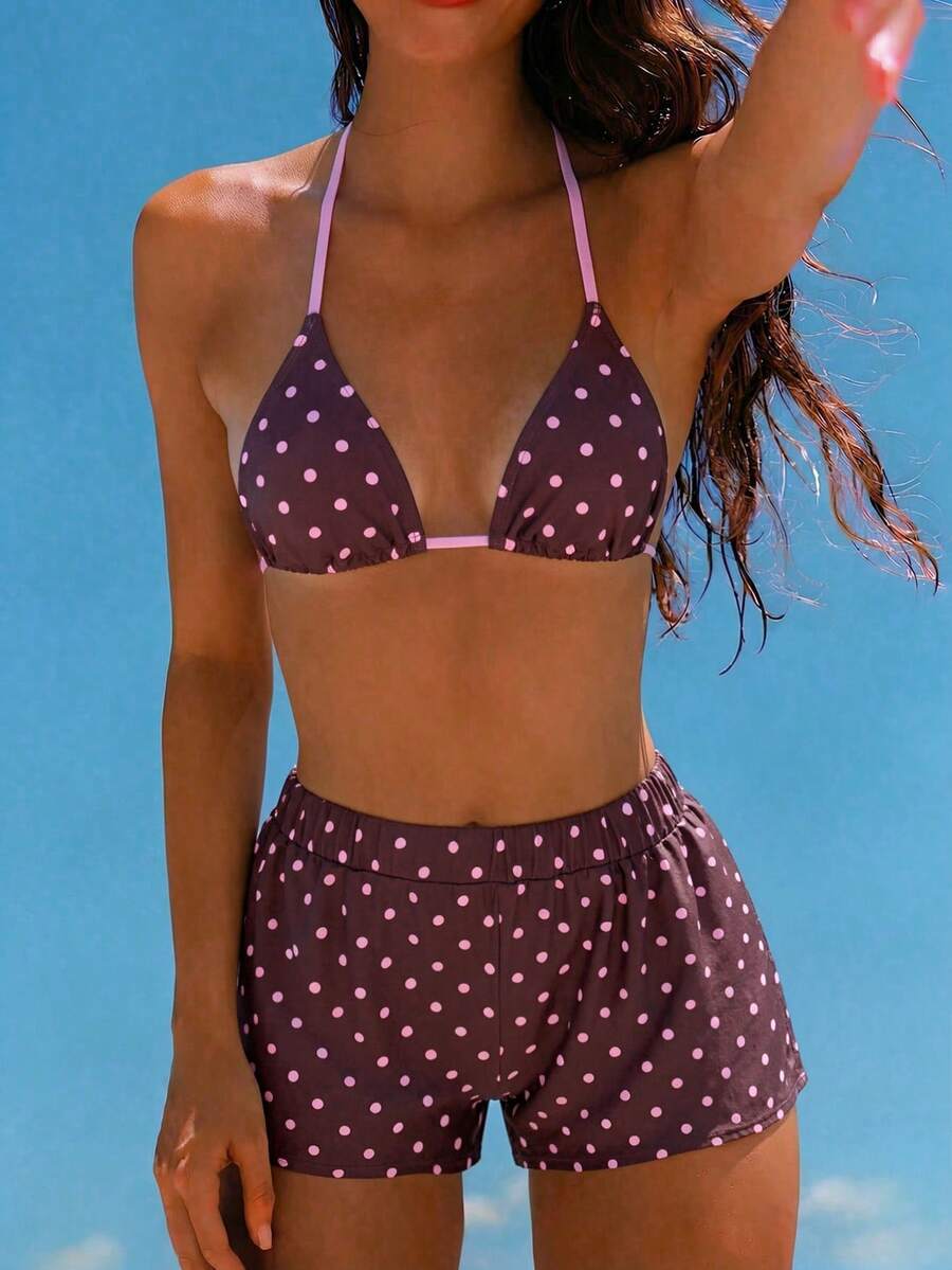 Swim Mod Conjunto de 3 piezas de bikini con textura de tela a rayas azul y blanco con tirantes finos y cuello halter para vacaciones, conjunto de 2 piezas de traje de baño a lunares morado, conjunto de bikini a lunares - Multicolor - Ver 1