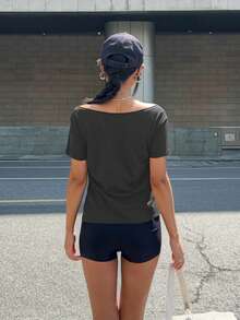 Women's Solid Color Crew Neck Short Sleeve Casual T-Shirt, Summer Graphic Tees Women Tops - Dark Grey - View 2