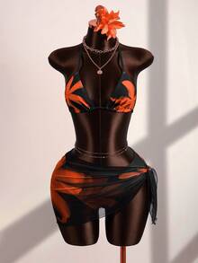 Zestiva Women's Floral Print Halter Tie Back Sexy Bikini 3-Piece Set, Beach Vacation - Black - View 1