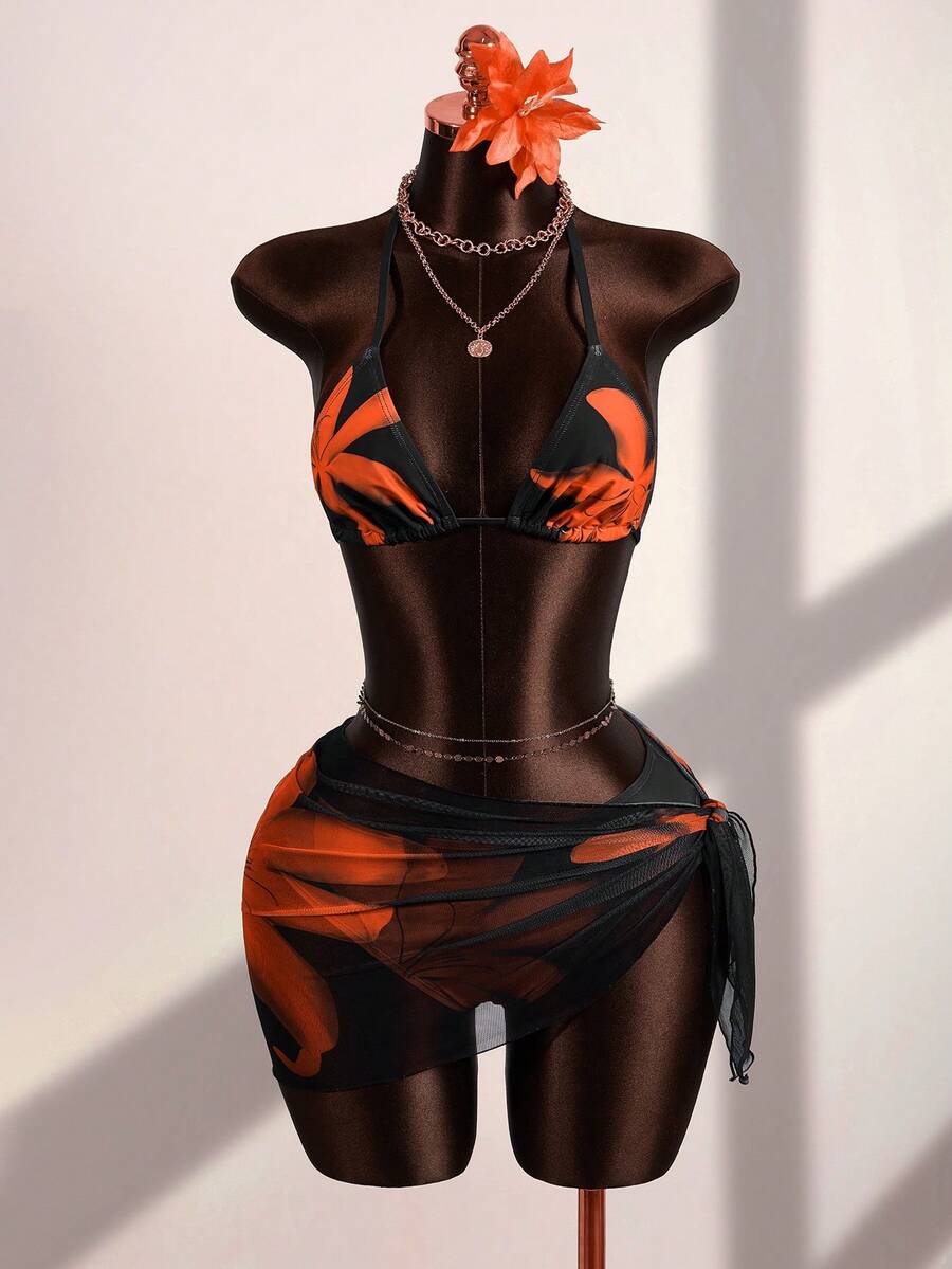 Zestiva Women's Floral Print Halter Tie Back Sexy Bikini 3-Piece Set, Beach Vacation - Black - View 1