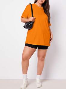 SHEIN BASICS 纯色圆领宽松休闲短袖T恤，适合夏季穿着 - 橘色 - 查看 4