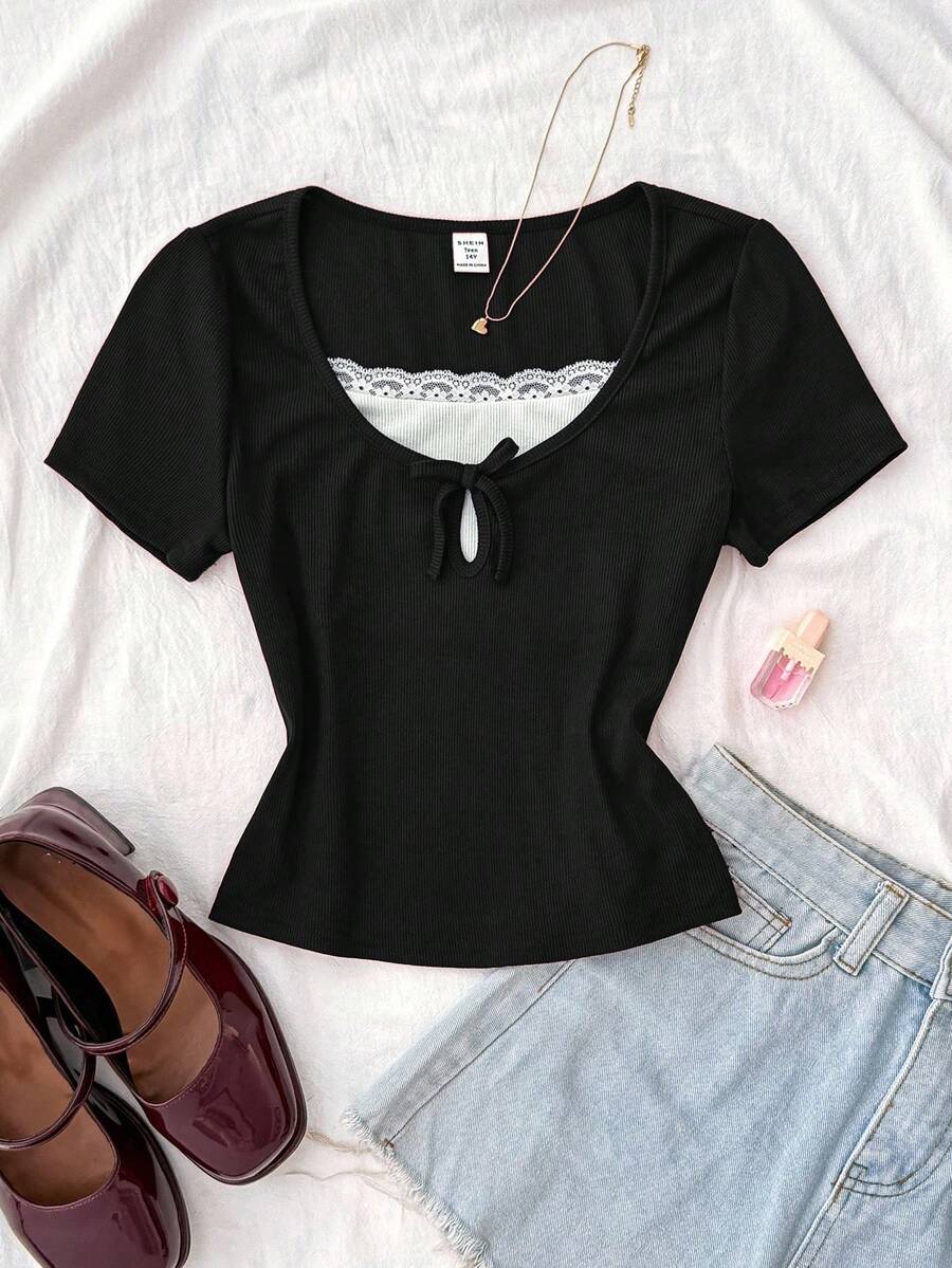SHEIN Tween Girl Black And White Rib Knit Contrast Lace Trim Ruffle Bow Snug Fit Short Sleeve T-Shirt, Summer Casual School Y2K Top Clothes - Black - View 1