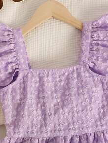 SHEIN 2pcs/Set Tween Girls' Casual Patchwork Solid Color Ruffle Hem Shirt And Pants Outfit - Purple - View 4