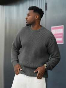 Heavens Edit Men's Basic Solid Color Casual Loose Lightweight Polyester Pique Knit Drop Shoulder Crew Neck Sweater, Niche Design, Autumn/Winter - Grey - View 4