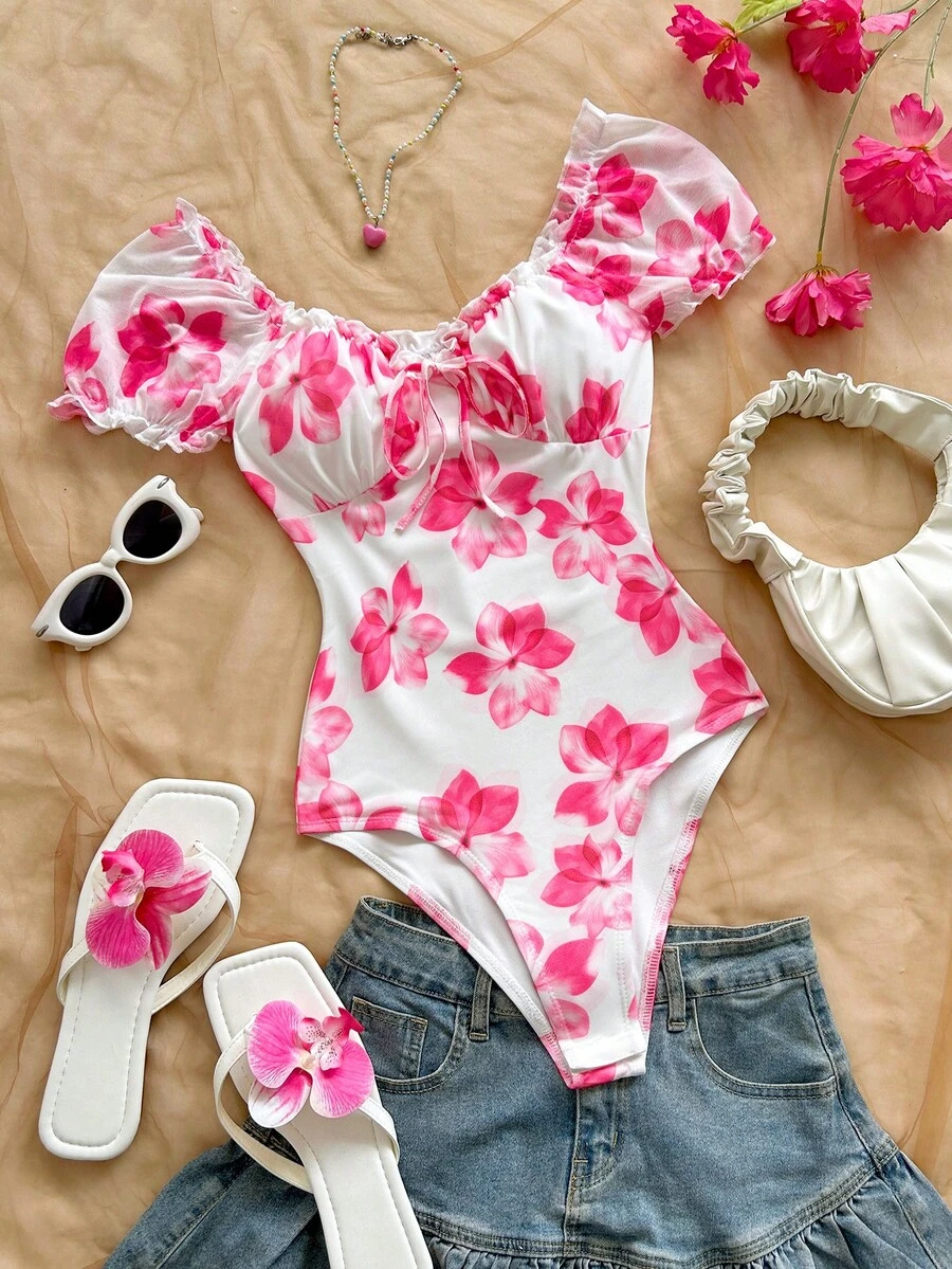 SHEIN WYWH Vacation Casual Floral All-Over Print Bodysuit - Multicolor - View 1