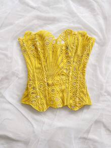 Soleia Áo corset ren hai lớp ôm sát, gợi cảm, phong cách tiên phong, hở vai, dành cho giới trẻ châu Âu và Mỹ, kết hợp với áo định hình INS màu trắng thêu rỗng, trang phục dự tiệc đêm cho phụ nữ. - Màu vàng - Xem 6