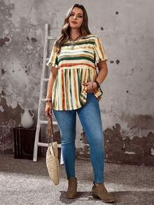 EMERY ROSE Blouse à manches courtes et volantées, col rond, rayures colorées, pour femmes grandes tailles, décontractée et idéale pour les vacances - Nude - Voir 4