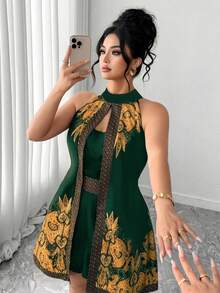 Elenzga 大尺碼女款深綠色夏季優雅掛脖連身褲，蠟染印花復古婚禮賓客裝，開齋節穿搭，派對度假鄉村風 - 墨綠色 - 查看 4
