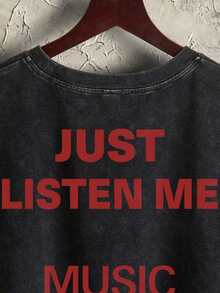 Manfinity Roghcode 方形短款街头时尚音乐节红色标语“JUST LISTEN ME”黑色雪花宽松露背背心，适合夏季穿着 - 黑色 - 查看 2