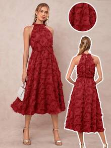 Amorya Đầm chữ A cổ yếm bằng vải jacquard dệt họa tiết thanh lịch dành cho nữ, thích hợp cho mùa xuân/hè. - Đỏ - Xem 1