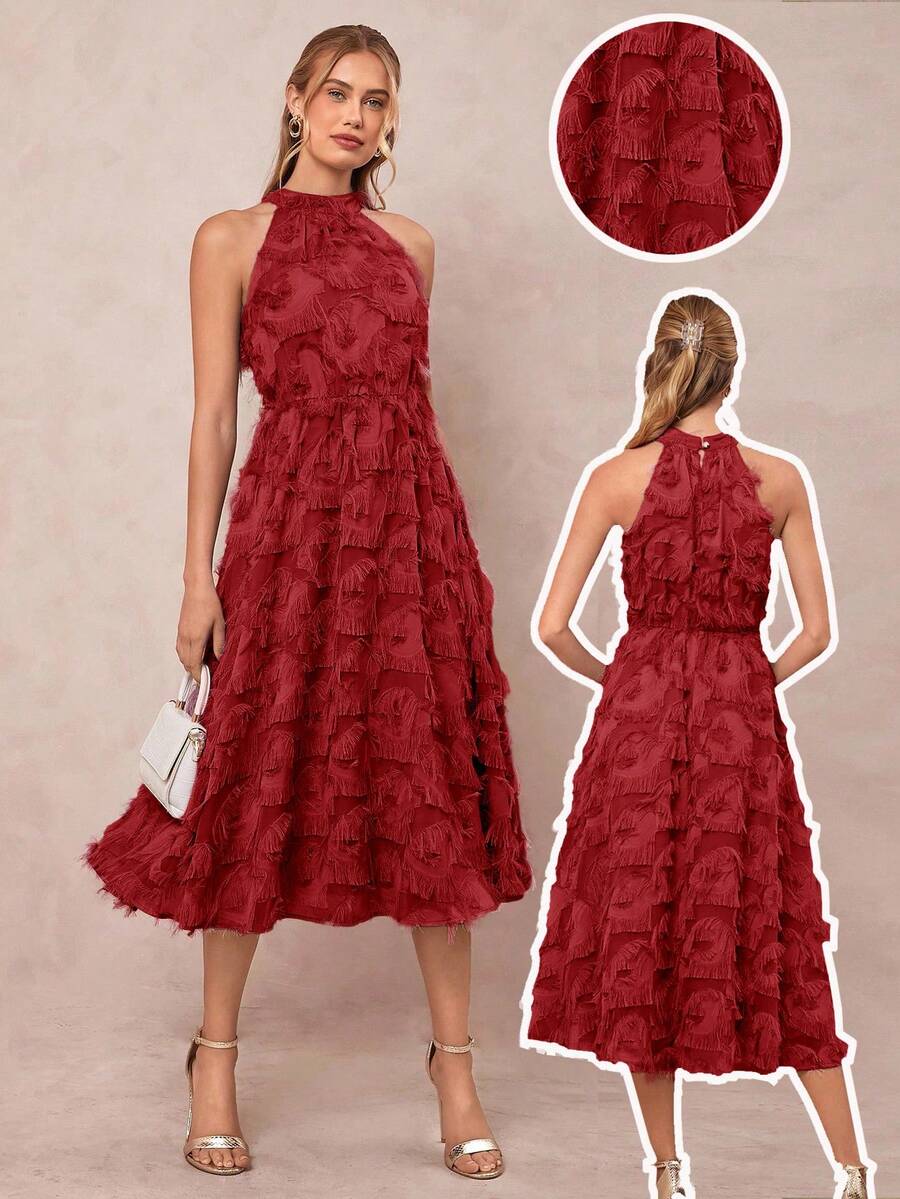 Amorya Đầm chữ A cổ yếm bằng vải jacquard dệt họa tiết thanh lịch dành cho nữ, thích hợp cho mùa xuân/hè. - Đỏ - Xem 1