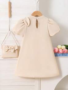 Elladie kids Young Girls Elegant Dress With Bow Decor Handbag, Puff Sleeve Big Bow 3D Flower Design Dress Suitable For Casual, Holiday, Party Occasions - Apricot - View 2