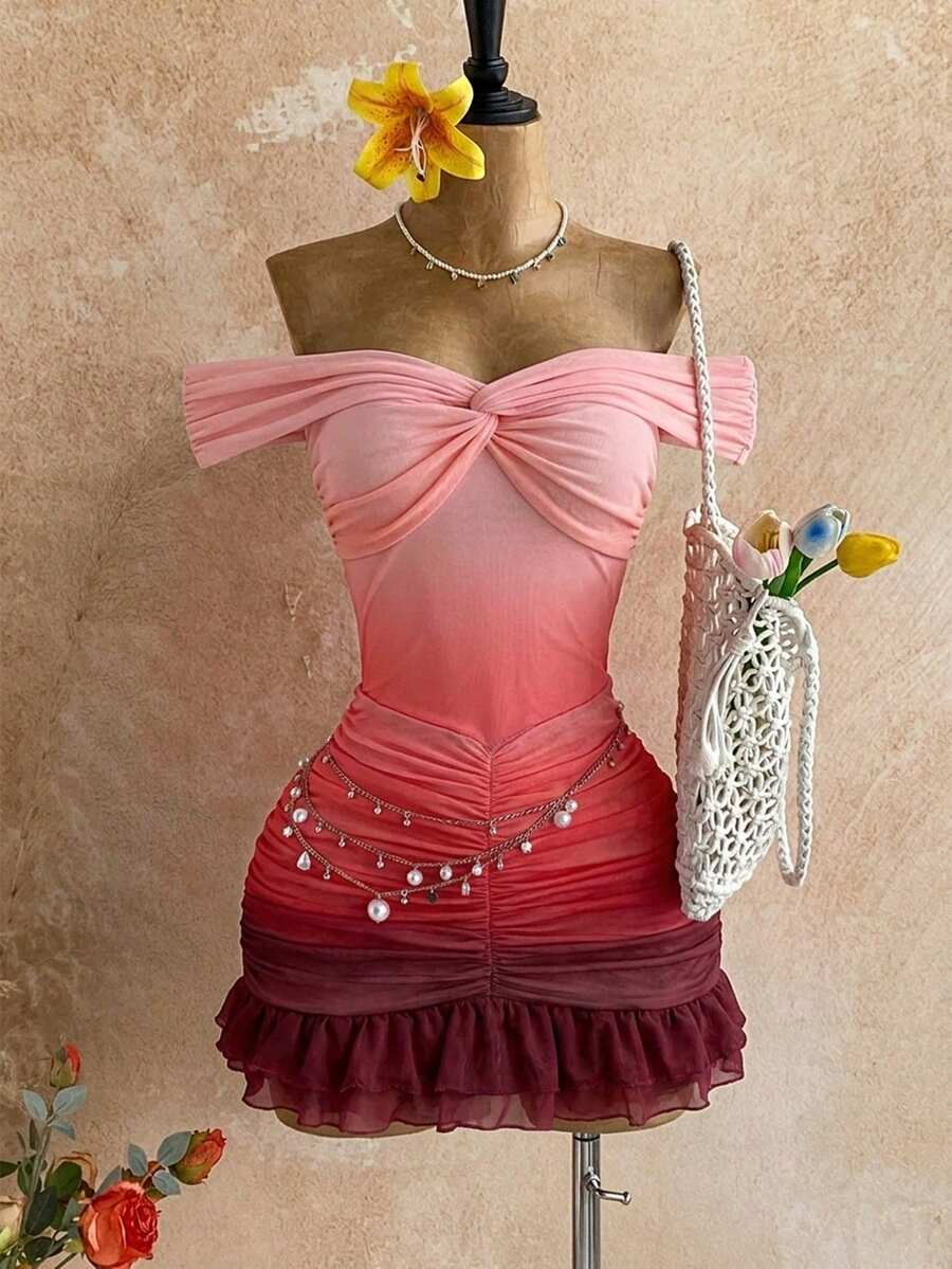 Soleia Women's Elegant Vacation Pleated Texture Off Shoulder Bodycon Mini Dress With Ruffle Hem, Suitable For Beach, Seaside, , Date,Summer Dresses Women - Burgundy - View 1