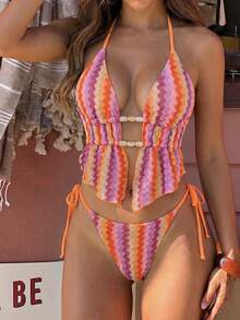 Swim Vcay Women's Orange And Pink Summer Boho Beach Holiday Outfit,Wavy Textured Knit Fabric,Spaghetti Strap Drawstring Beaded Swimwear Set,Camisole Bikini - Multicolor - View 1