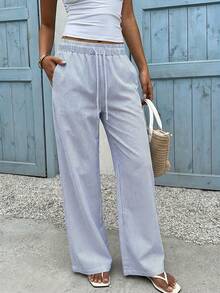 SHEIN EZwear 休闲度假风蓝白条纹梭织阔腿裤，适合春夏度假穿着 - 藍白色 - 查看 8