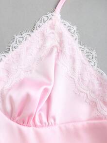 Sweetra 缎面蕾丝拼接蝴蝶结装饰V领露背A字迷你连衣裙，女士春夏款，适合度假、海滩、优雅派对、浪漫约会、日常百搭。 - 粉色 - 查看 7