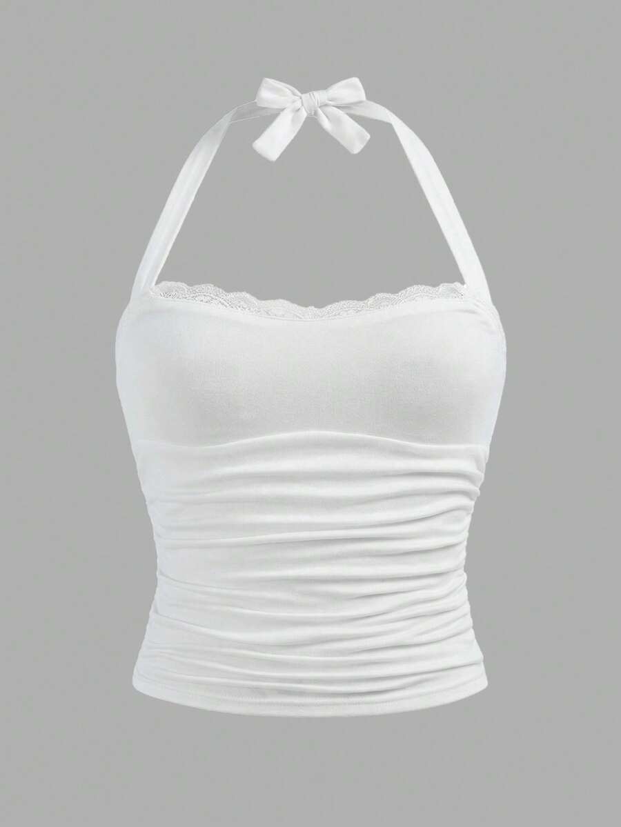SHEIN Girlism 少女春夏街头风百搭休闲度假无肩带褶皱弹力蝴蝶结修身露脐上衣 - 白色 - 查看 1