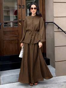 Solavon Women's Casual Solid Color Textured Long Sleeve Top And Skirt 2 Pieces Set,Unlined Sleeves, Autumn Modest Two Piece Linen Sets - Brown - View 8