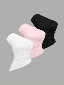 SHEIN Sweetro Bộ áo kiểu nữ mùa xuân/hè mới, thiết kế bất đối xứng, xếp ly vai, thanh lịch, phong cách cổ điển sang trọng, nhẹ nhàng và thoải mái. - Nhiều màu - Xem 1