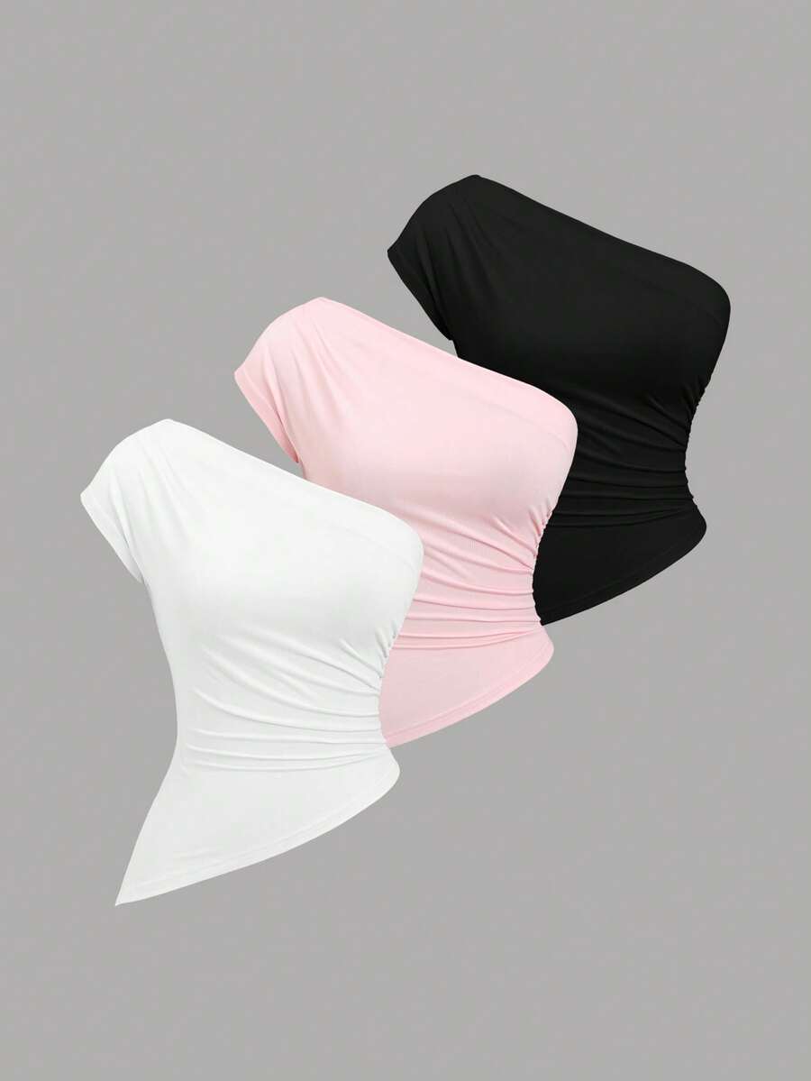 SHEIN Sweetro Bộ áo kiểu nữ mùa xuân/hè mới, thiết kế bất đối xứng, xếp ly vai, thanh lịch, phong cách cổ điển sang trọng, nhẹ nhàng và thoải mái. - Nhiều màu - Xem 1
