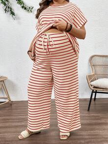 SHEIN 2件套孕妇加大码圆领条纹上衣和裤子，休闲日常穿着 - 紅色 - 查看 5
