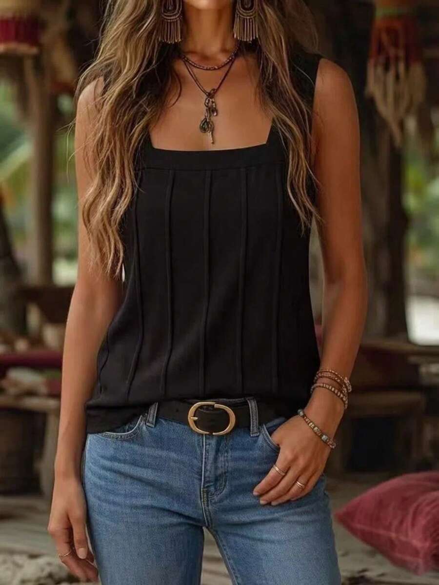 Zayélia 全新夏季女式无袖宽松翻领折扣修身背心 - 黑色 - 查看 1