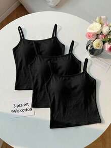 SHEIN 3pcs Tween Girls' Minimalist Comfortable Cotton Knit Camisole Bras Set, Black - Black - View 7