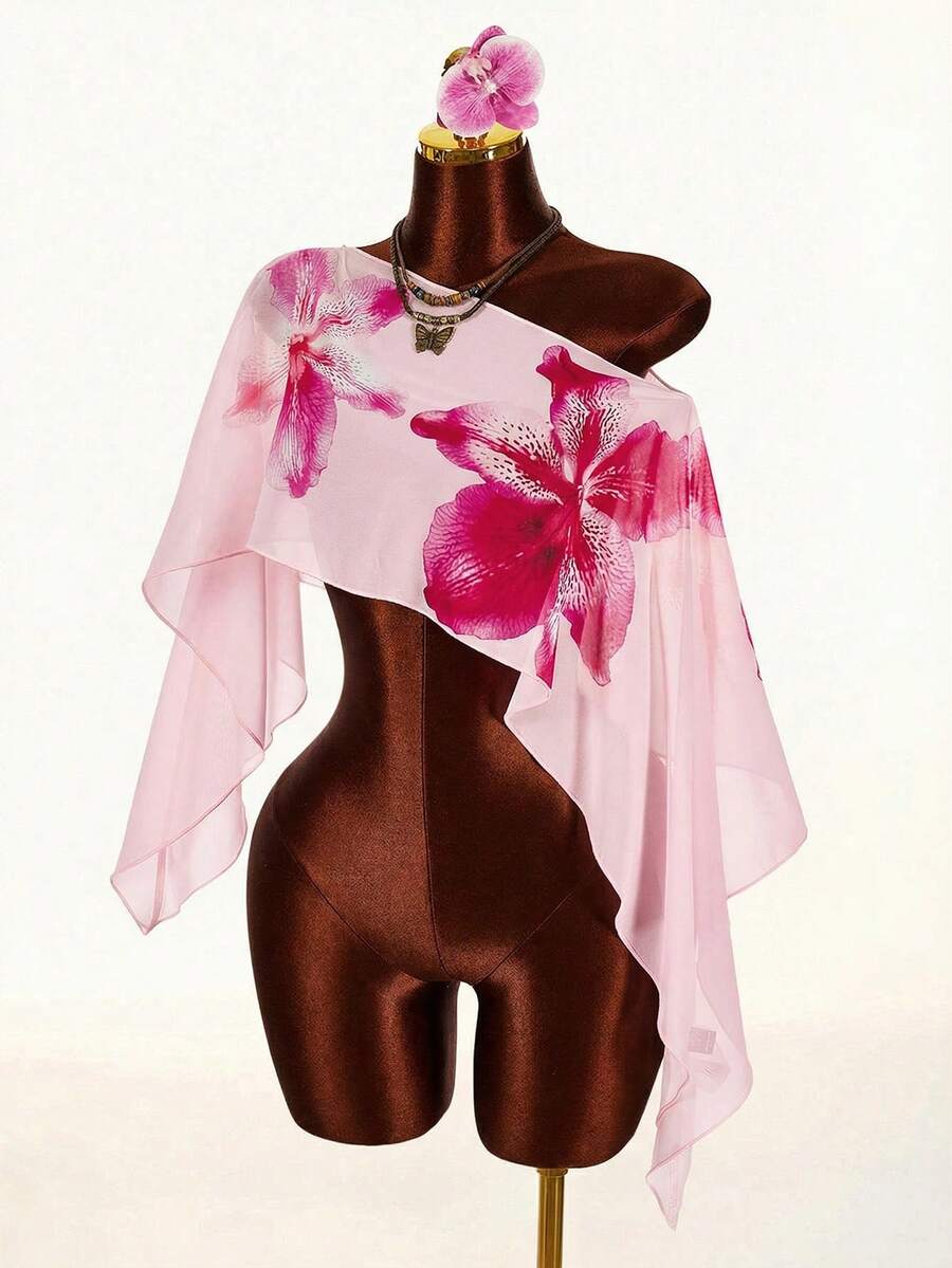 Amplova Women's Glittery Sheer Asymmetric Shoulder Loose Fit Asymmetrical Hem Blouse, Party Wear - Pink - View 1