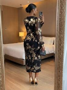 SHEIN Lady 大码女式V领印花优雅收腰约会派对连衣裙 - 彩色 - 查看 2